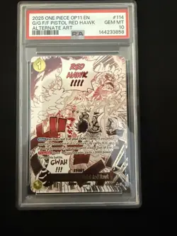 2025 One Piece OP11 EN G/G F/F Pistol Red Hawk Alternate Art 114 PSA 10 GEM MINT - Image 1