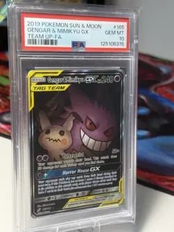 2019 POKEMON SUN & MOON TEAM UP #165 GENGAR & MIMIKYU GX PSA 10 - NEW CERT! - Image 1