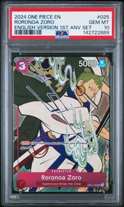 2024 ONE PIECE ENGLISH VERSION 1ST ANNIVERSARY SET #025 RORONOA ZORO PSA 10 - Image 1