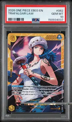 2026 ONE PIECE EB03-EXTRA BOOSTER HEROINES EDITION #062 TRAFALGAR LAW PSA 10 - Image 1