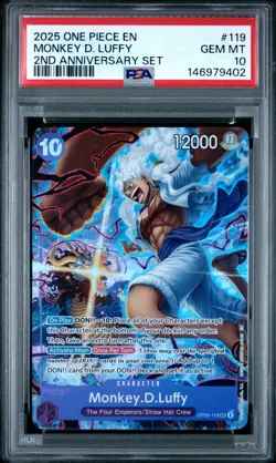 2025 ONE PIECE OP05 119 MONKEY D LUFFY ENGLISH 2ND ANNIVERSARY SET PROMO PSA 10 - Image 1