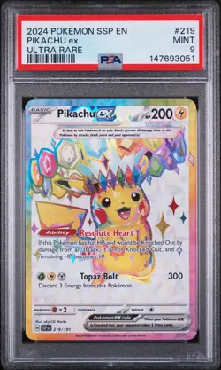 2024 Pokemon Ssp En-Surging Sparks #219 Pikachu Ex Ultra Rare PSA 9 - Image 1