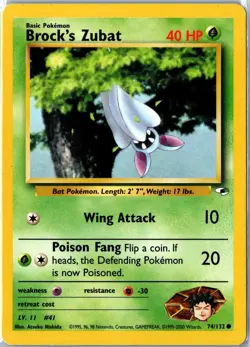 Pokemon Card - Brock's Zubat 74/132 Gym Heroes Common Unlimited Heavily Played - Image 1