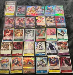 One Piece lot of 29 OP Cards plus 1 holo pokemon card. OP Rares-SR, Mixed-Lang. - Image 1
