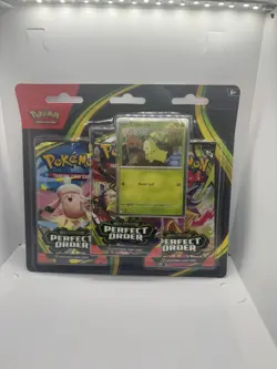 Pokemon TCG: Mega Evolution Perfect Order 3-Pack Triple Blister Chikorita Promo - Image 1