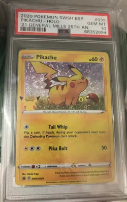 2020 Pokemon Black Star Promo Pikachu General Mills 25th Holo SWSH039 PSA 10 - Image 1