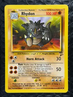 Rhydon 59/130 Base Set 2 Uncommon 1999-2000 Stage 1 Pokemon Card TCG WOTC NM - Image 1