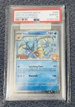 POKEMON 2025 DESTINED RIVALS MISTY'S GYARADOS PRERELEASE STAFF 049/182 PSA 10 - Image 1