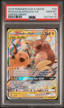 2019 Pokemon Sun & Moon Unified Minds 54/236 Raichu Alolan Raichu GX PSA 10 - Image 1