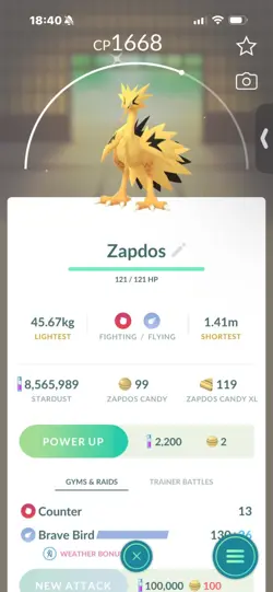 Pokemon Go Shiny Legendary Galerian Zapdos - Image 1