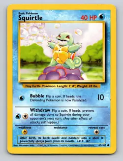 Squirtle 63/102 Common Base Set Unlimited Pokemon HP - Image 1