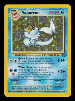 Pokemon Card Vaporeon 12/64 Jungle Holo Rare Vintage Foil WOTC MP 1999 - Image 1
