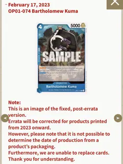 *ERROR* Bartholomew Kuma op01-074, foil, 1st edition, Romance Dawn, ONE PIECE - Image 2