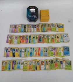 Large Pokemon Card Bundle with Tin and Pikachu Deck Box - Image 1