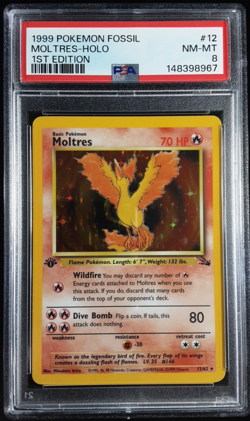 Pokemon Moltres 1st Edition Holo PSA 8 Fossil Set 12/62 Vintage 1999 WOTC - Image 1