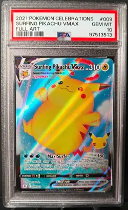 2021 Pokemon Celebrations Surfing Pikachu VMAX 009/025 Full Art PSA 10 - Image 1