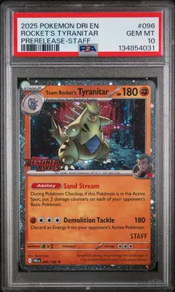 2025 Pokemon DRI EN Pre-Release Staff #096 Rocket's Tyranitar PSA 10 - Image 1