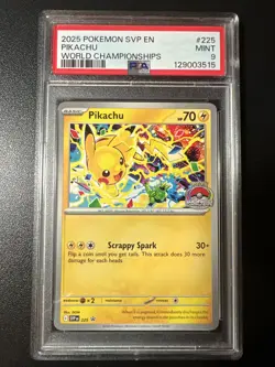 2025 POKEMON SVP EN-SV BLACK STAR PROMO WORLD CHAMPIONSHIPS #225 PIKACHU PSA 9 - Image 1
