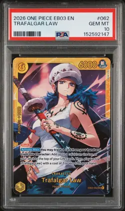 2026 ONE PIECE EB03-EXTRA BOOSTER HEROINES EDITION #062 TRAFALGAR LAW PSA 10 - Image 1