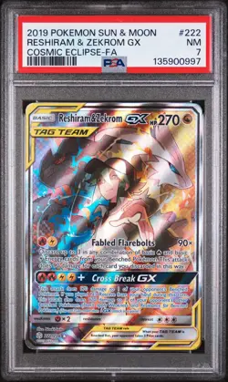 PSA 7 Reshiram & Zekrom GX #222 2019 Pokemon Sun & Moon Cosmic Eclipse - Image 1