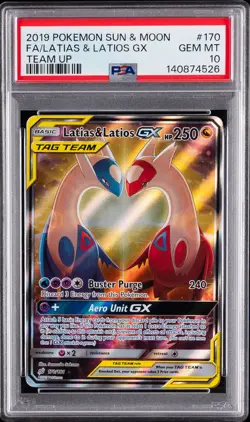 2019 POKEMON SUN & MOON TEAM UP #170 FULL ART/LATIAS & LATIOS GX PSA 10 - Image 1