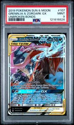 2019 POKEMON SUN & MOON UNBROKEN BONDS #107 GRENINJA & ZOROARK GX PSA 9 - Image 1