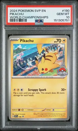 2024 POKEMON SVP EN-SV BLACK STAR PROMO WORLD CHAMPIONSHIPS #190 PIKACHU PSA 10 - Image 1