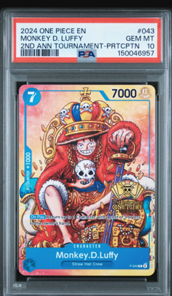 PSA 10 Monkey D. Luffy P-043 Promo 2nd Anniversary Stamped One Piece TCG English - Image 1