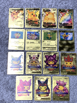 Set of 15 Pikachu & Complete 7 Card Cosplay Set Gold Foil Fan Art Cards MP - Image 1