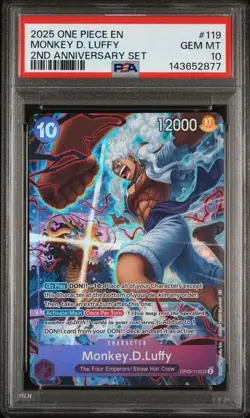 2025 ONE PIECE OP05 119 MONKEY D LUFFY ENGLISH 2ND ANNIVERSARY SET PROMO PSA 10 - Image 1