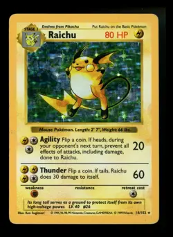 #2 Raichu 14/102 SHADOWLESS Base Set 1999 Holo Rare WOTC Pokemon Card TCG - Image 1