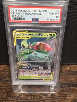 PSA 10 2019 POKEMON SUN & MOON TEAM UP CELEBI & VENUSAUR GX 1 - Image 1