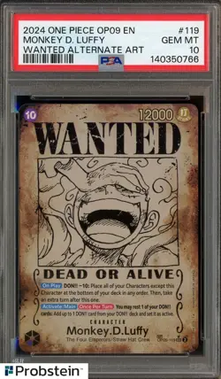 2024 One Piece OP09 En #119 Monkey D. Luffy Wanted Alternate Art PSA 10 GEM MINT - Image 1