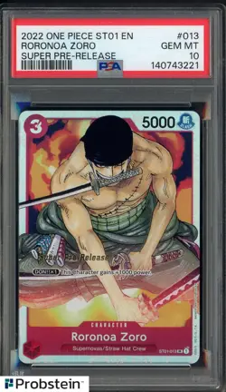 2022 One Piece ST01 EN Super Pre-Release #ST01-013 Roronoa Zoro PSA 10 GEM MINT - Image 1