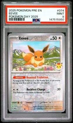 147515950 Eevee 2025 Pokemon Prismatic Evolutions #074/131 PSA 9 - Image 1