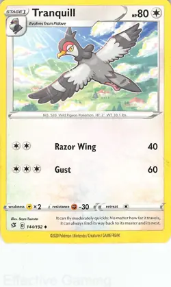 Tranquill 144/192 Uncommon Rebel Clash Pokemon MP Tsuruta - Image 1