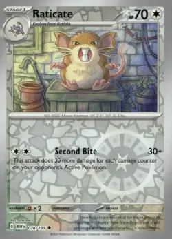 Raticate 020/165 Uncommon 151 Pokemon Reverse Holo Near Mint - Image 1