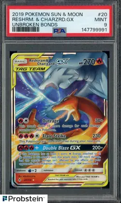 2019 Pokemon Sun & Moon Unbroken Bonds #20 Reshiram & Charizard Gx PSA 9 MINT - Image 1