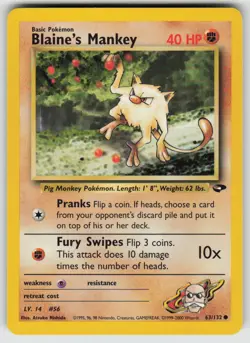 Blaine's Mankey 63/132 Common Gym Challenge Pokemon Unlimited Moderately Played - Image 1