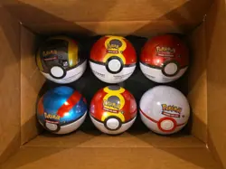 6 Pokemon TCG Pokeball Tins, 18 Booster Packs Factory Sealed from Costco - Image 1