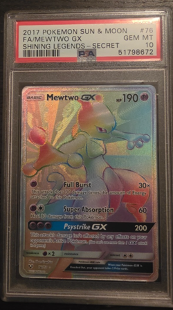 2017 POKEMON SHINING LEGENDS SECRET #76 FULL ART RAINBOW RARE MEWTWO GX PSA 10 - Image 1