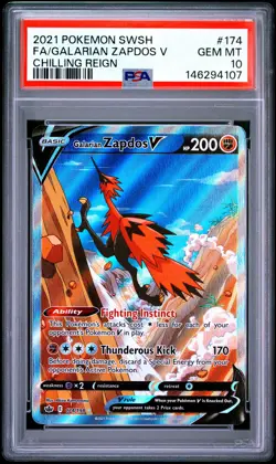 2021 POKEMON SWORD & SHIELD CHILLING REIGN FULL ART/GALARIAN ZAPDOS V PSA 10 - Image 1