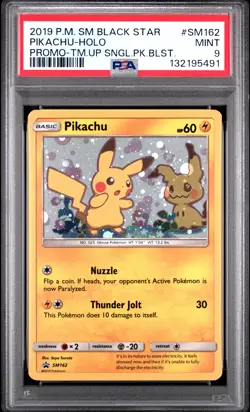 132195491 Pikachu 2019 Pokemon Sun Moon Team Up Promo #SM162 Holo PSA 9 - Image 1