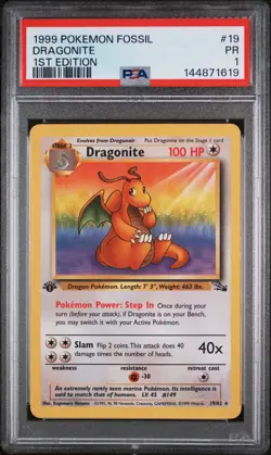 1999 POKEMON FOSSIL 1ST EDITION #19 DRAGONITE PSA 1 - Image 1