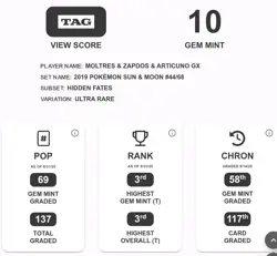 TAG 10 - Pokemon Moltres & Zapdos & Articuno GX 44/68 Hidden Fates Holo - Image 3