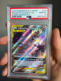 2019 POKEMON SUN & MOON COSMIC ECLIPSE #216 FULL ART/SOLGALEO & LUNALA GX PSA 10 - Image 1