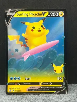Surfing Pikachu V 008/025 V Rare Celebrations Pokemon Holo Near Mint - Image 1
