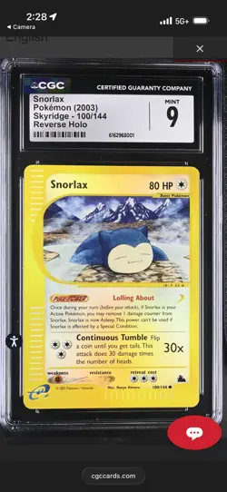 2003 SKYRIDGE SNORLAX REVERSE HOLO #100 CGC 9 MINT - Image 1
