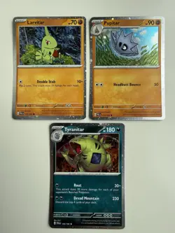 Pokemon PAL 110/193 Larvitar, 111/193 Pupitar, Tyranitar 135/193 Cosmos Holos - Image 1