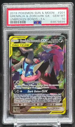 2019 POKEMON SUN & MOON UNBROKEN BONDS FULL ART/GRENINJA & ZOROARK GX PSA 10 - Image 1